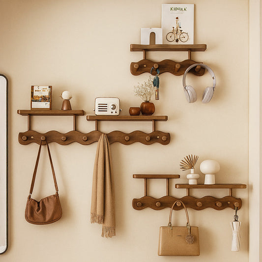 Ripple Collection | Wall Mounted Coat Rack with Shelf & Hooks | Stylish Bamboo Storage for Clutter-Free Entryways