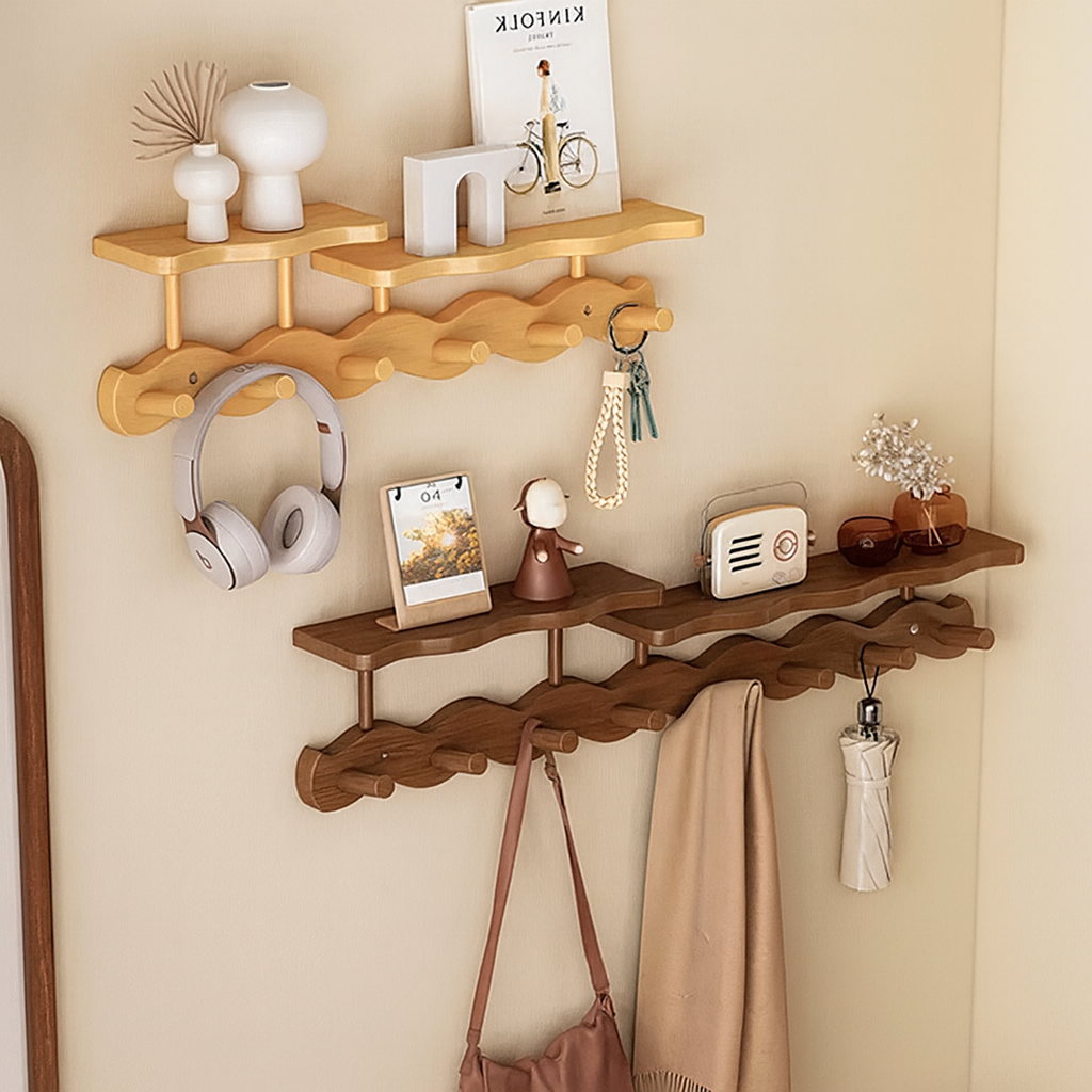 Ripple Collection | Wall Mounted Coat Rack with Shelf & Hooks | Stylish Bamboo Storage for Clutter-Free Entryways