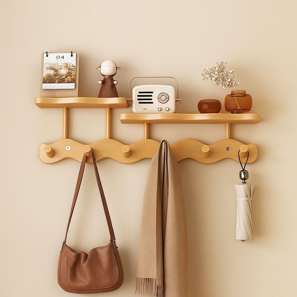 Ripple Collection | Wall Mounted Coat Rack with Shelf & Hooks | Stylish Bamboo Storage for Clutter-Free Entryways