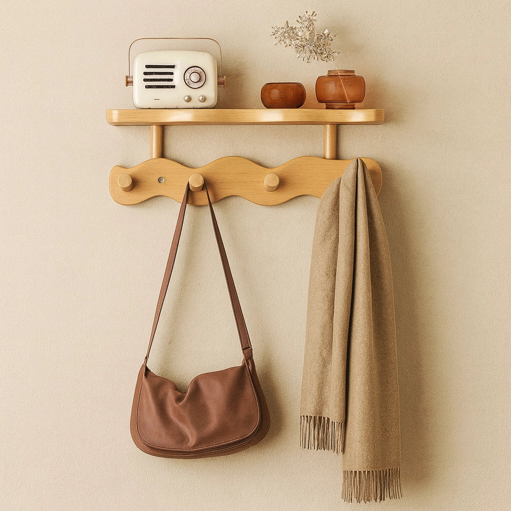 Ripple Collection | Wall Mounted Coat Rack with Shelf & Hooks | Stylish Bamboo Storage for Clutter-Free Entryways