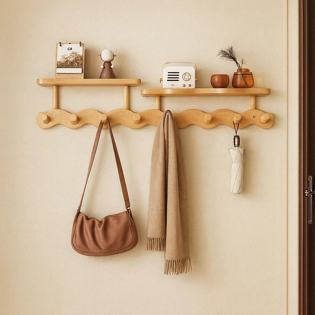 Ripple Collection | Wall Mounted Coat Rack with Shelf & Hooks | Stylish Bamboo Storage for Clutter-Free Entryways